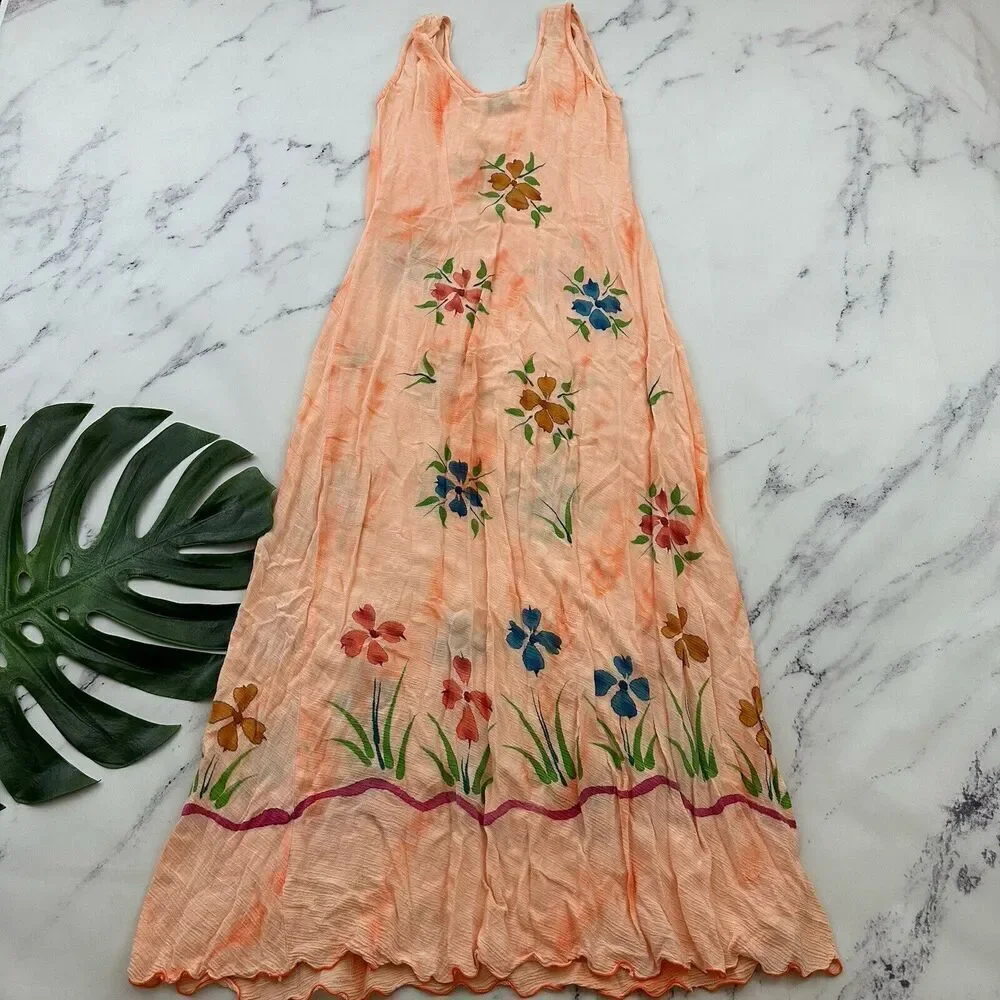 AT Moda Estate Womens Vintage 90s Slip Maxi Dress Size M Peach Orange Floral - Picture 7 of 10